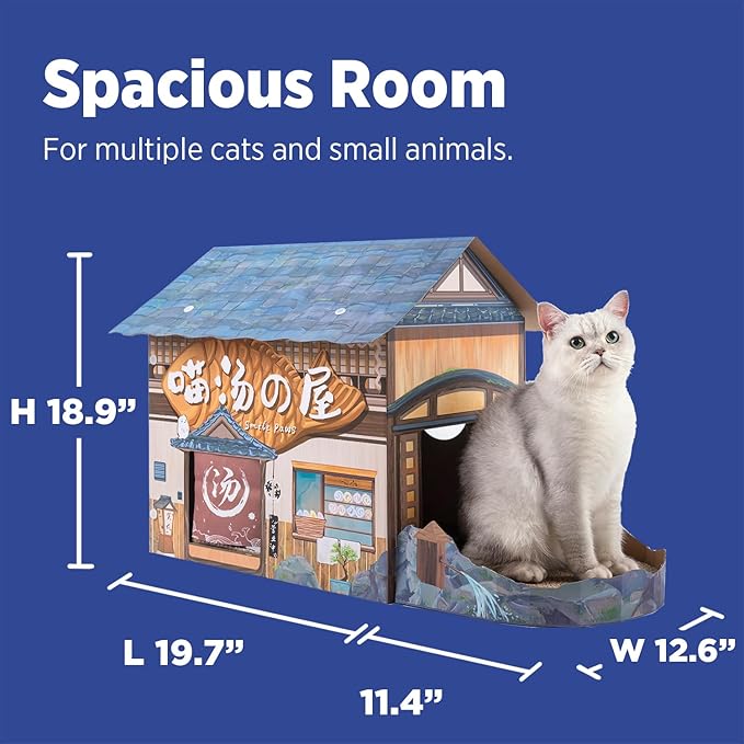 Cat Beds for Indoor Cats, Cardboard Cat House with Scratchers, Onsen Hotel, Large Sturdy Cat Furniture Condo Cave Tent, Easy to Assemble Pet Toys Accessories Stuffs, Bunny Small Animals
