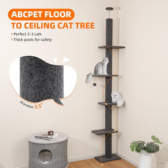 Cat Tree Floor to Ceiling Cat Tower 5-Tier Carpet Kitten Tree Cat Climbing Tower with Adjustable Height 98"-108", Tall Cat Trees with Platforms and Dangling Balls for Indoor Cats, Medium Grey