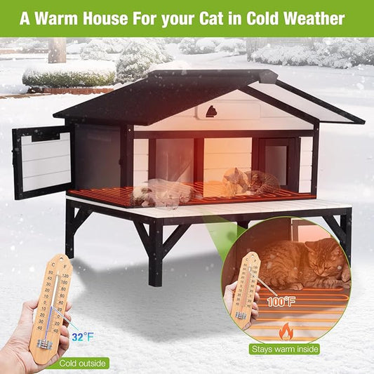 GUTINNEEN Heated Outdoor Cat House Insulated Feral Kitty Shelter Insulated Weatherproof Winter Outdoor Cat Shelter with Heated Pad and Insulated Liner,White and Black