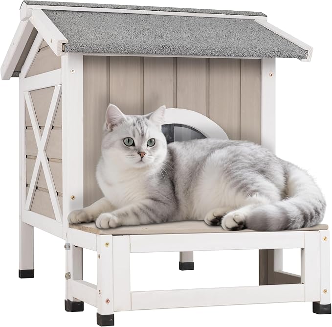Insulated Outdoor Cat House Weatherproof Feral Cat Shelter for Winter Outside Cat Houses for 1-2 Cats Indoor Pets Condo with Waterproof Roof & Escape Door, 6.3" Raised Base & Balcony