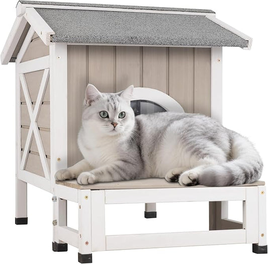 Insulated Outdoor Cat House Weatherproof Feral Cat Shelter for Winter Outside Cat Houses for 1-2 Cats Indoor Pets Condo with Waterproof Roof & Escape Door, 6.3" Raised Base & Balcony