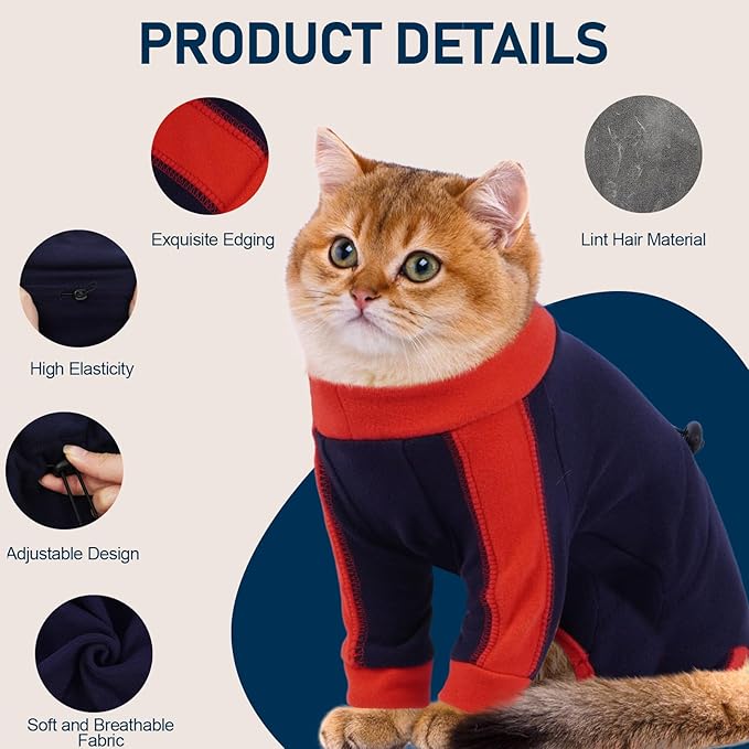 Cat Pajamas for Cats Only, Sticky Hair Cat Clothes, Long Sleeve Sphynx Clothes, Anti-Licking or Skin Disease Recovery Suit for Female Cats, Kitten Onesie Pajamas, DarkBlue, L