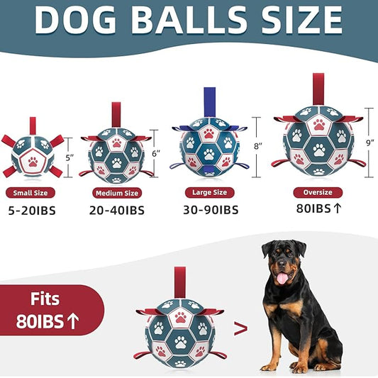 QDAN Extra Large Soccer Ball with Straps, Interactive Dog Toys for Tug of War, Puppy Birthday & Water Toy, Large Dog Balls - Blue & Red (9 Inch)