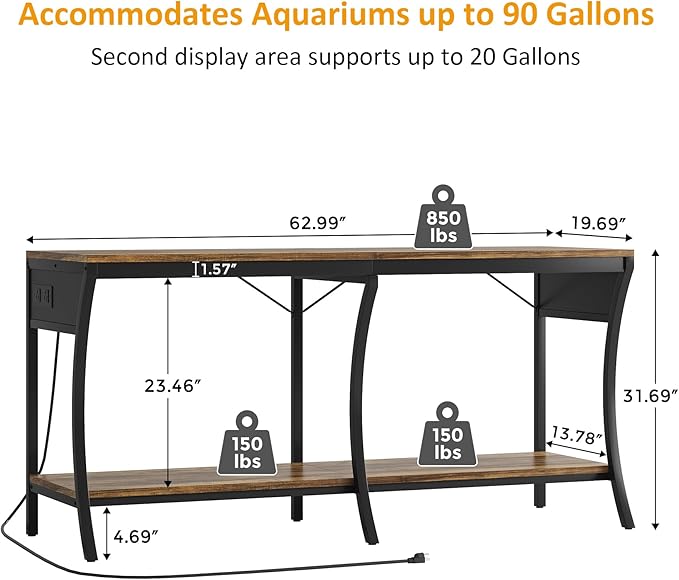 55-90 Gallon Fish Tank Stand with Power Outlets, 2-Tier Aquarium Stand with LED Light Strip & Open Storage Shelves, Heavy Duty Metal Table for Reptile Tank, 1150 LBS Capacity