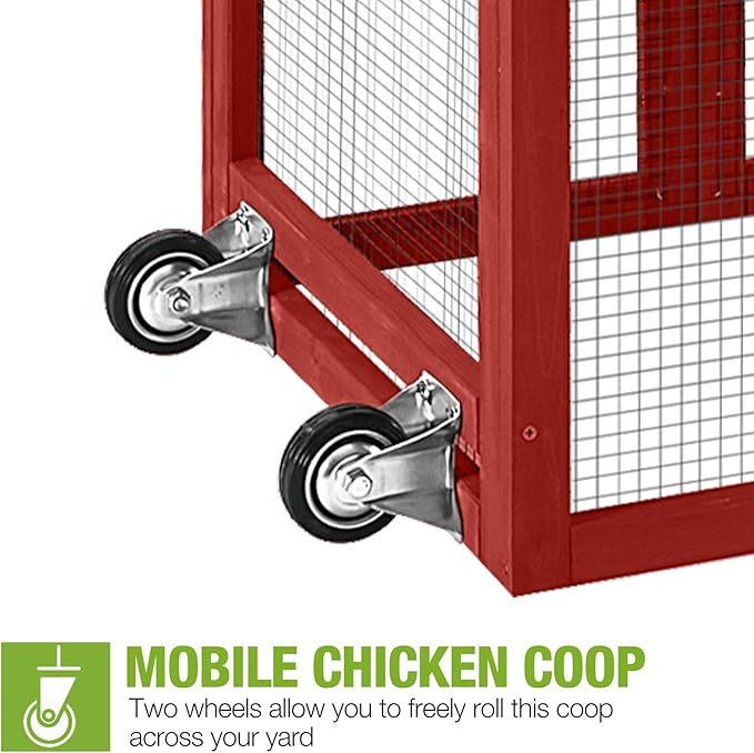 GUTINNEEN Chicken Coop Mobile Chicken House with Wheels Expandable Wooden Hen House 80.7" Outdoor Rabbit Hutch Movable with Large Nesting Box for 2-4 Chickens (Red)