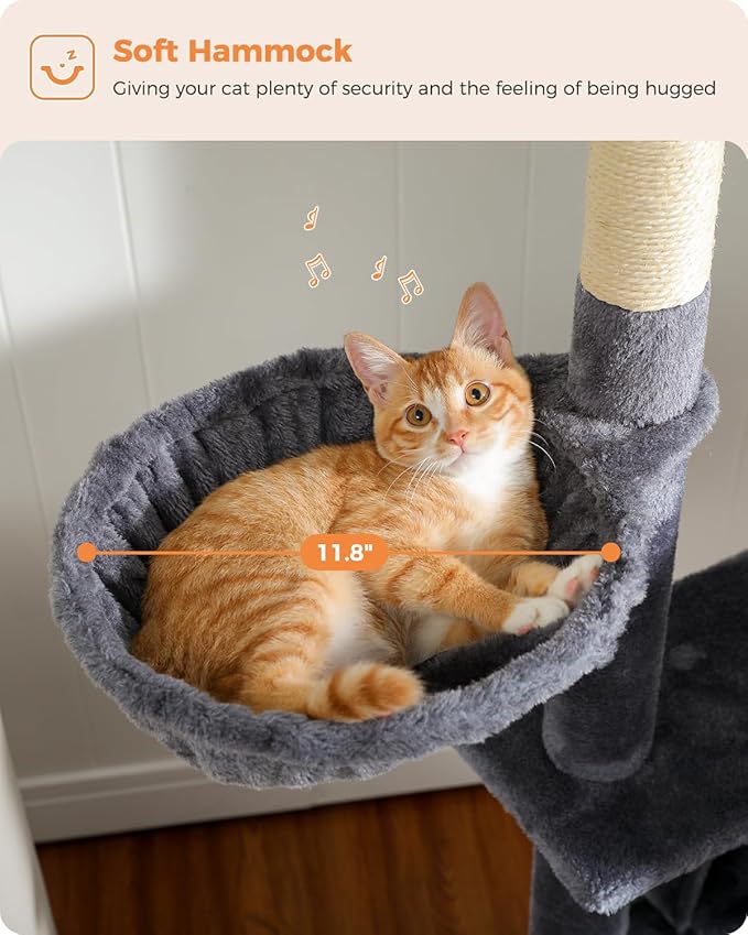 Cat Tree for Large Cats Adult with Super Large Top Perch, 56.3" Cat Tower for Large Cats with Plush Hammock, Cat Shelves and Dangling Pompom, Cat Scratching Posts and 2 Condos House, Dark Gray