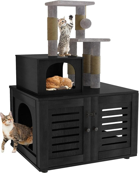 DKLGG Large Wooden Cat Tree House with Hidden Litter Box Enclosure | Multi-Functional Cat Furniture Featuring Sisal Scratching Post, Plush Perch Platform & Divided Condo for Indoor Cats (Black)