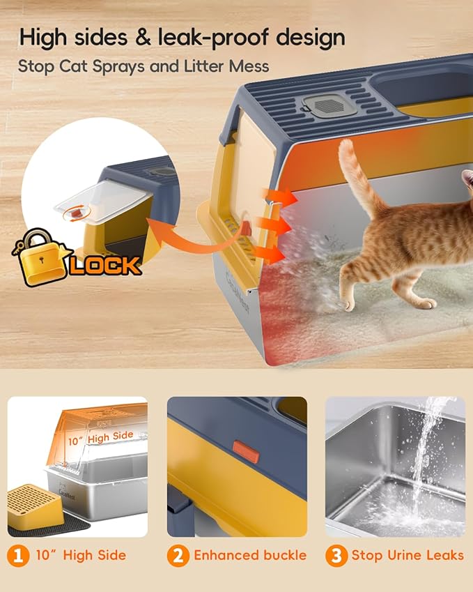 XL Extra Large Stainless Steel Cat Litter Box with Lid, 3-in-1 Enclosed/Open, Durable Metal Litter Box for Big, Multi Cats, Non-Stick, Odor Control, Easy Cleaning, Durable ABS Lid, Yellow