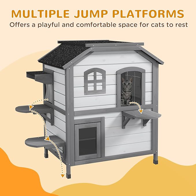 PawHut 2-Story Cat House Outdoor, Weatherproof Wooden Cat Enclosure for Feral Cats with Escape Door, Openable Roof, Jumping Platforms, White