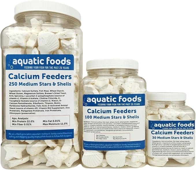 Aquatic Foods Inc. Medium Size Calcium Feeder Stars & Shells for Shrimp, Snails, Crabs, Crayfish, Hermit Crabs and All Tropical Fish…100 Count Jar