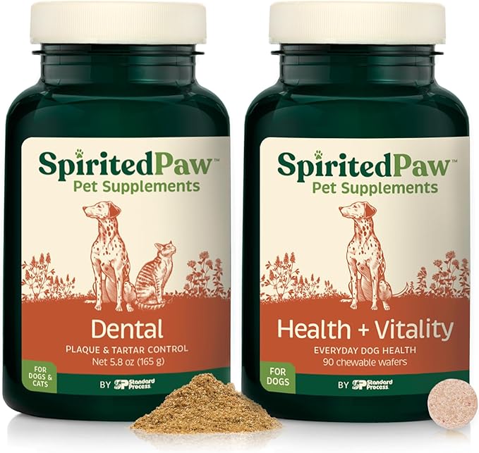 Spirited Paw Pet Health Bundle - Dental & Multifunctional Support for Dogs - Teeth Powder & Chewable Wafers for Dental, Immune, Coat, and Liver Health - 165 g Powder & 90 Wafers