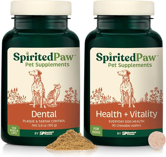 Spirited Paw Pet Health Bundle - Dental & Multifunctional Support for Dogs - Teeth Powder & Chewable Wafers for Dental, Immune, Coat, and Liver Health - 165 g Powder & 90 Wafers