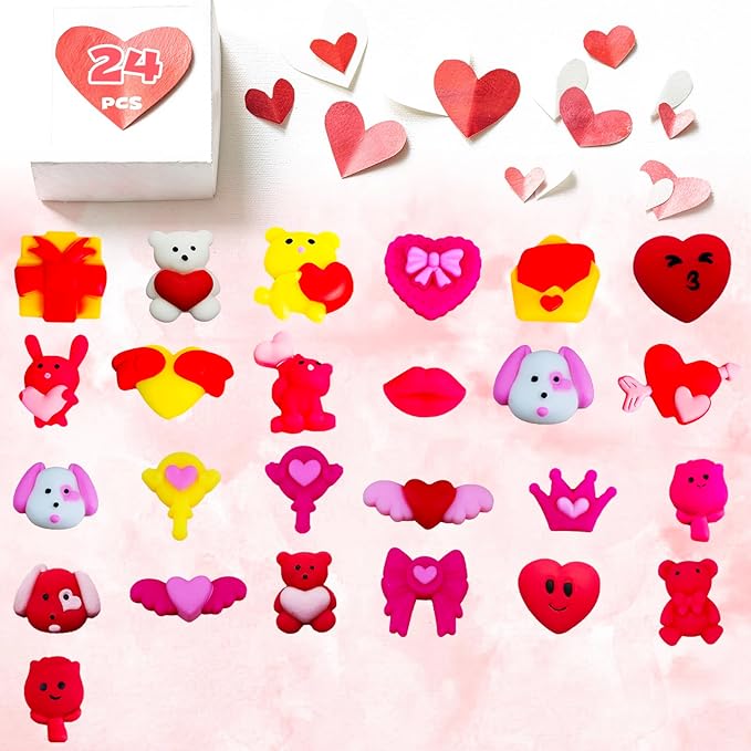 24Pcs Valentines Day Mochi Squishy Toys Squishies for Kids School Class Classroom Valentines Day Cards Gifts Prizes Party Favors