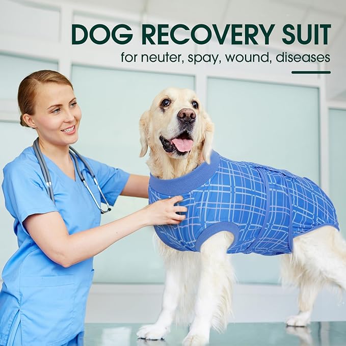 Kuoser Dog Recovery Suit for Female Male Dogs, Post-Surgery Bodysuit for Spay Neuter, Dog Onesie After Surgery, Anti-Licking Pet Surgical Recovery Suit, Blue M