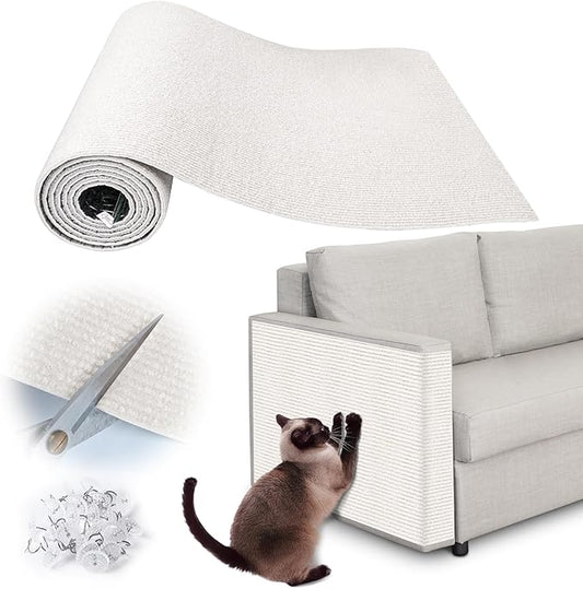 Cat Scratch Furniture Protector - 100" x 17" Trimmable Self-Adhesive Cats Claws Scratch Pads, DIY Cat Climbing Couch Protector for Scratch Post Cat Tree Replacement Indoor (Cream White)
