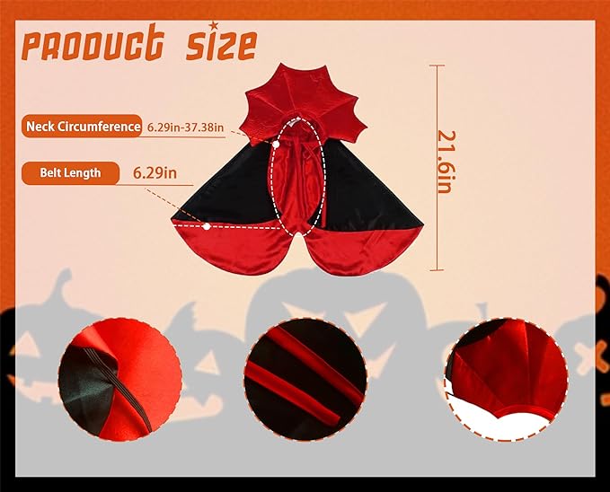 Halloween Cat Costume Vampire Cloak, Adjustable Red and Black Pet Cape with Vampire Accessories, Small Cats Dogs and Other Pets Halloween Parties and Pet Cosplay.