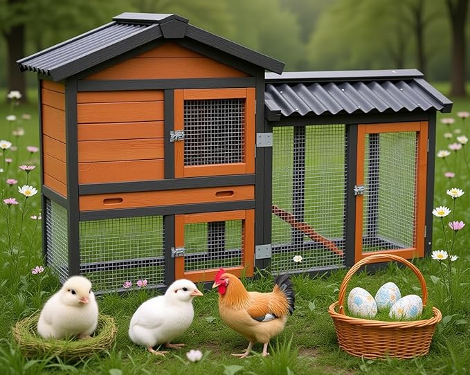 Chicken coop, Chicken Run,Small Wooden Duck Coop Outdoor 2-Tier Hen House All Weather Used Poultry Quail Cage Rabbit Pet Hutch House with (Brown with Black)