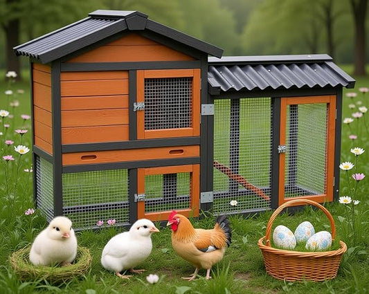 Chicken coop, Chicken Run,Small Wooden Duck Coop Outdoor 2-Tier Hen House All Weather Used Poultry Quail Cage Rabbit Pet Hutch House with (Brown with Black)