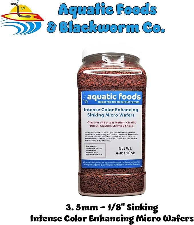 Aquatic Foods Inc. 3.5mm - 1/8" Color Enhancing Sinking Micro Wafers for Bottom Fish, Shrimp, Crabs, Crayfish, All Tropical Fish…4-lb & 10oz lg Jar