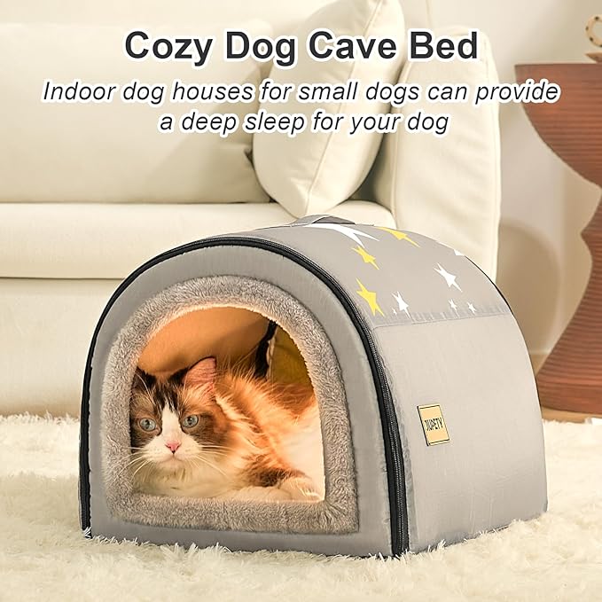 Jiupety Cozy Small Pet Dog House, 2 in 1 Puppy House, S Size for Cat and Puppy, Warm Cave Sleeping Nest for Cats and Dogs, S(14"×12"×11"), Up to 5 Lb, Grey