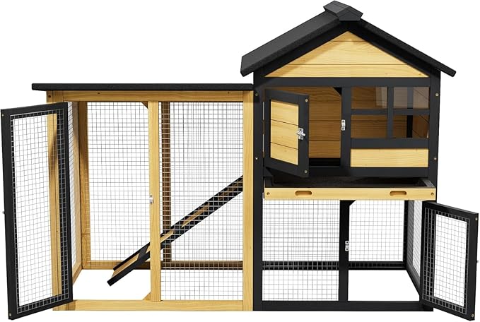 Bunny Cage Premium Rabbit Hutch with Leak-Proof Roof, 2-Story Bunny House for Guinea Pigs & Hamster,Wooden Chicken House with Deep Pull-Out Tray, Waterproof Chicken Coop for Outside (Yellow Black)