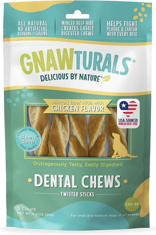 Dental Chews Twisted Sticks | for Medium and Large Dogs | USA Sourced Beef-Hide | Natural Scrubbing Action Fights Plaque and Tartar Refreshing Your Dog's Breath (5 Sticks, Chicken)