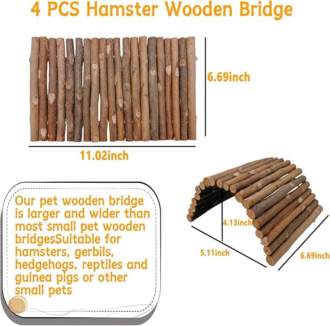 kathson 4PCS Hamster Wooden Bridge Toys,11.02" L x 6.09" W Large Climbing Toy,Rat Ladder,Small Animal Chew Toys,Wood Hideout Tunnel for Chinchillas Guinea Pig Gerbils Ferret Syrian Hamster Squirrel