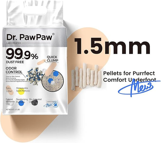 Tofu Cat Litter 45 Lbs, Dr. PawPaw Clumping Cat Litter, Honeysuckle Scent, Dust-Free Keep Kitty Tidy, Superior Odor Control Keep Step Fresh