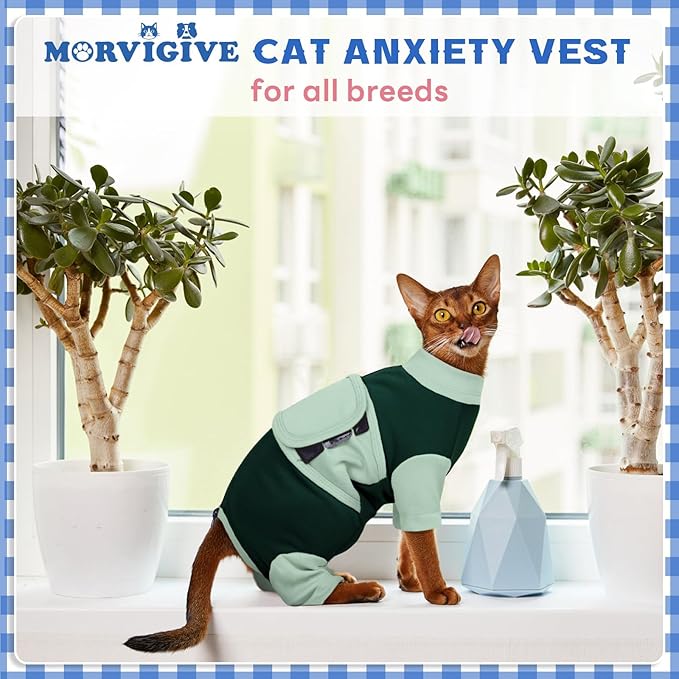 Cat Anxiety Relief Clothes, Flexible Cat Calming Vest with Hook&Loop, Ideal for Loud Noises, Fireworks, Separation, Travel, Thunderstorms, Reduce Anxiety Comfortable Wrap for Cats, Green Medium