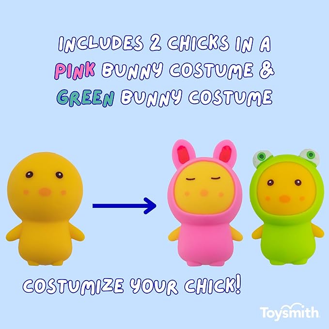 Farm Fresh Chick-in Costume Squeezable Toy – 2-Pack Yellow Chick Fidget Animals with Bunny & Frog Costumes – Soft Squishy Sensory Toys, Stress Relief Gift, Party Favors for Kids Ages 3+