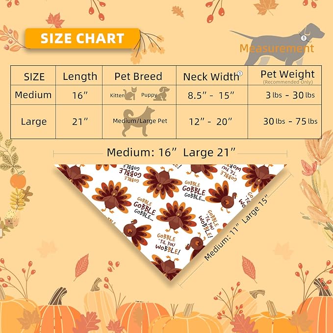 Dog Fall Bandanas Theme - Gobble Till You Wobble - Cute Turkey Printed Thanksgiving Holiday Pet Triangle Scarf with Snap Button, Medium and Large Breed, 30-75lbs