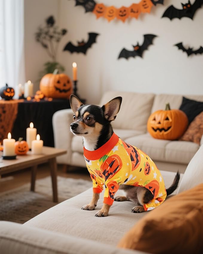 PET SHOW 4 Pack Halloween Small Dog Pajamas for Doggie Puppy Cats Kitten Onesies Pumpkin Ghost Soft Fleece Stretchy Jumpsuit Costume Boy Girl Pets PJs with Sleeve Clothes(S)