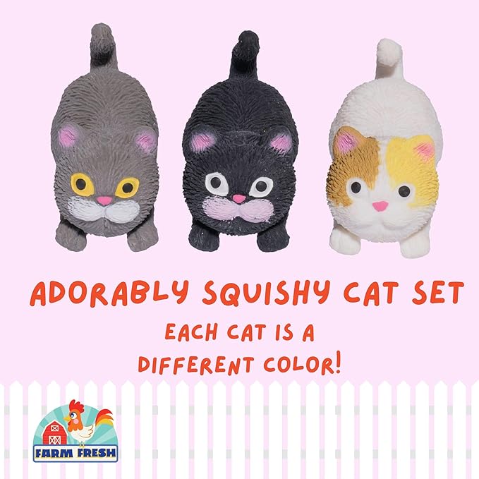 Farm Fresh Barnyard Cats – 3-Pack Mini Cat Fidget Toys for Kids – Soft Silicone Animal Squishies in White, Black & Grey – Squeeze Toy Set in Carrier Boxes – Party Favor, Gift for Girls and Boys