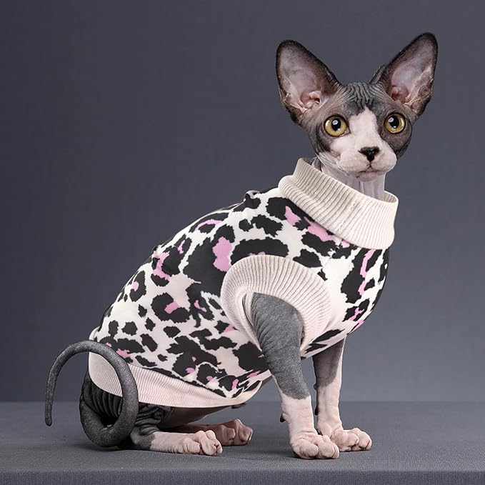 Idepet Cat Clothes Kitten Sweater Soft Kitten Shirt Cute Leopard Print Kitty Vest Pullover Pajamas Jumpsuit Cotton Apparel for Hairless Cats & Puppy (Pink,L)