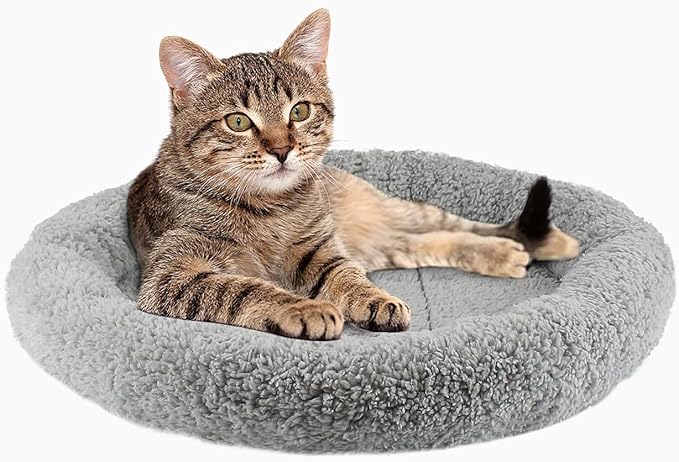 PETLESO Cat Bed Mat 15.75" Round Pad with Pillow Around, Indoor Soft Warm Pet Bed for Cats Dogs Rabbit Curling Sleep/Nap, Antiskid Bottom, Washable, Medium
