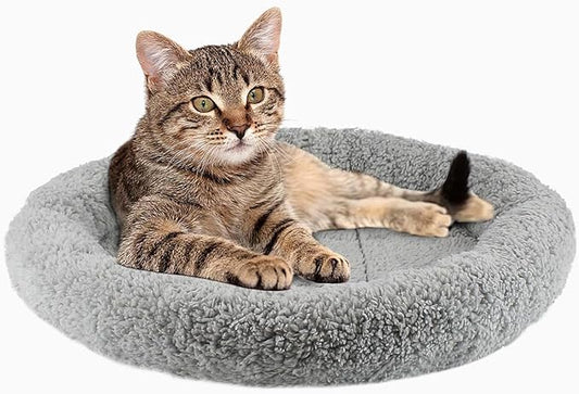 PETLESO Cat Bed Mat 15.75" Round Pad with Pillow Around, Indoor Soft Warm Pet Bed for Cats Dogs Rabbit Curling Sleep/Nap, Antiskid Bottom, Washable, Medium
