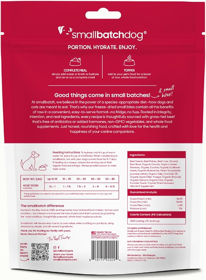 smallbatch Freeze-Dried Beef Dog Food – Grain Free, Organic Produce – Raw Dehydrated Beef Bites, High Protein Complete Meal or Topper – Humanely Raised, Made in USA, 7oz