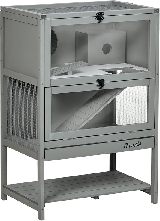 PawHut Wooden Hamster Cage with Storage Shelf, Large Rat Mouse Habitat Including Seesaw, Small Animal Cage with Sliding Tray, Wide Ramp for Racing, Running Wheel, 35.5" H