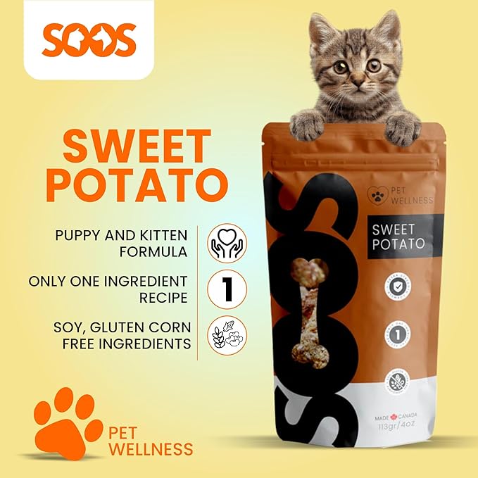 SOOS Natural Sweet Potato Treats for Dogs & Cats - High Moisture, Grain Free, Vitamin Minerals, Fiber, Healthy Training Treats - 113g