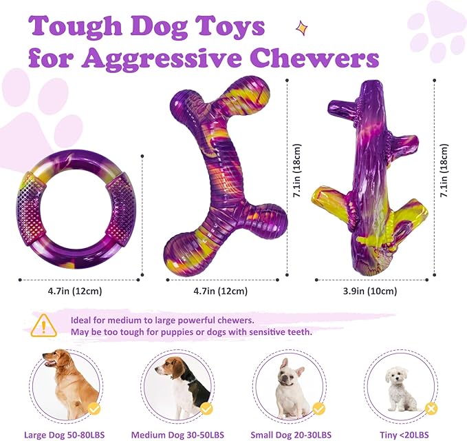 Indestructible Dog Toy 3Pack, Dog Chew Toys for Aggressive Chewers, Tough Dog Toys to Keep Them Busy for Medium Large Breed, Bacon Flavor (Purple)