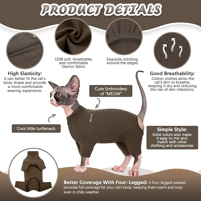 ROZKITCH Hairless Cat Clothes, Breathable Soft Cat Jumpers for Cats Only, Cat Coat with Four Legs, Warm Cat Sweater Cat T-Shirt Cat Pajamas Jumpsuit Vest Cornish Rex Devon Rex Peterbald Coffee XL