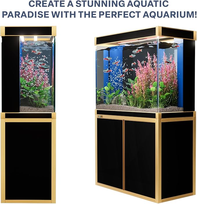 100 Gallon Aquarium Fish Tank with Upright Fishtank Stand Water Pump Freshwater Filter LED Bundle and Straight Corners Clear Glass - Black with Gold Trims