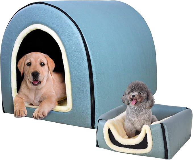 Dog Bed,2 Ways to Use,Indoor Pet House with Fluffy Mat,Removable and Washable Cover,Splash-Proof House and Non-Slip Bottom,for Large Dogs(2XL Light Blue Faux Leather)
