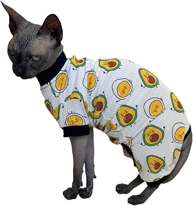 Sphynx Cat Four Leg Cotton Pajamas Elastic Pet Clothes for Hairless Cats Surgery Recovery Suit Cat Undershirt Clothes for Sphynx, Devon, Cornish (Egg & Avocado, M)