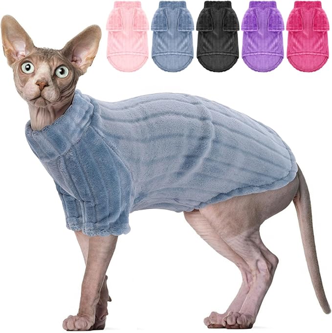 SUNFURA Sweaters for Cats, Hairless Sphynx Sweater Kitten Pullover with Sleeves, Warm and Soft Cat Pajamas Fleece Sweatshirt Jumpsuit, Turtleneck Clothes for Fall Winter, Blue L