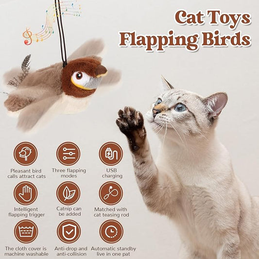 Interactive Chirping&flapping Wings Bird Cat Toy:2025 Electric Flying Cat Toy for Indoor Cats,Realistic Chirping Bird Cat Toy-automatic Flapping Motion,Rechargeable Bird Toys for Cats,Flutters,Not Fly