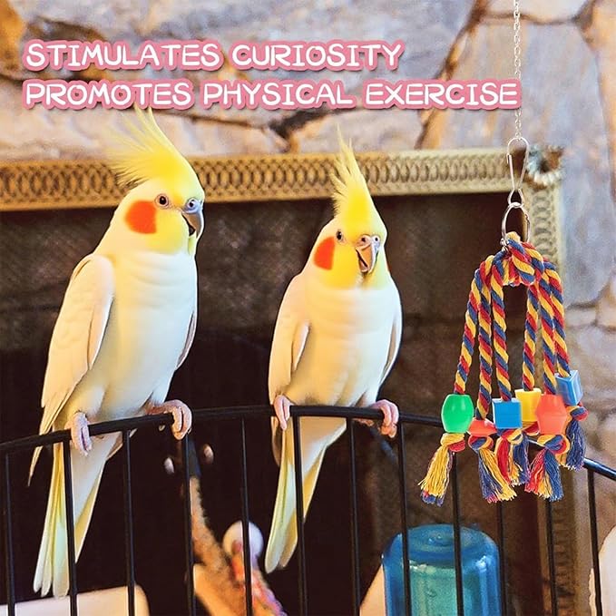 5-Piece Natural Bird Cage Accessories Set - Bamboo Shredding Foraging Toys, Cotton Rope Perch & Wooden Stand for Parrots, Parakeets, Cockatiels, Conures, Lovebirds