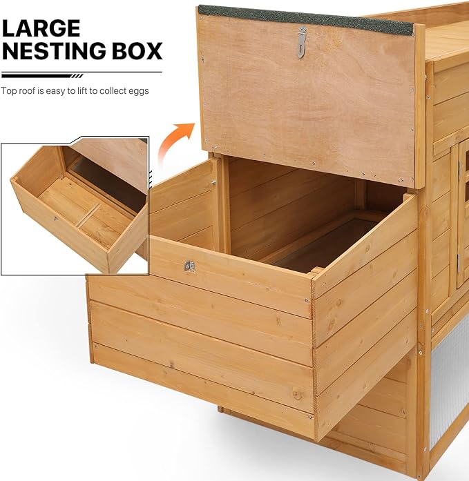 MoNiBloom 2-Layer Chicken Coop with Run and Nesting Box, Ventilation Wire Fence Wood Chicken House Duck Hutch Bunny Cage with Removable Tray Ramp and Waterproof Asphalt Roof 64 x 25.5 x 40 inch