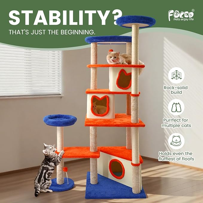 74IN Cat Tree Tower for Indoor Cats, Multi-Level Cat Condo with 3 Houses, Sisal Scratching Posts, Plush Perches, Jump Platforms and Hanging Ball Toy, Cat Furniture for Multi-Cat Family