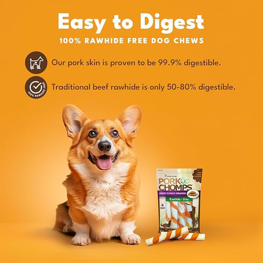 Pork Chomps Baked Pork Skin Dog Chews, 6-inch Twists, Real Sweet Potato Wrap, 4 Count (Pack of 2)
